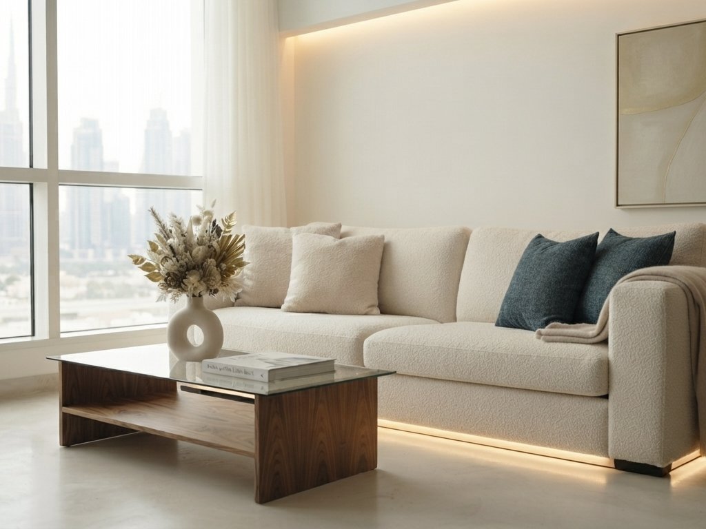 Bright, freshly cleaned modern living room in a Dubai apartment with skyline view